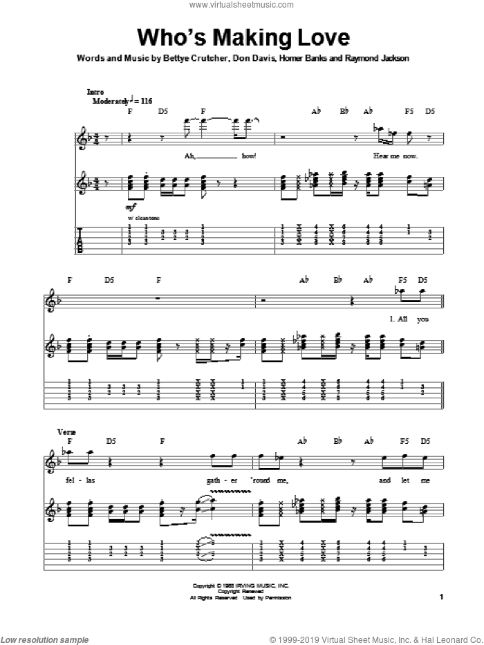 Who's Making Love sheet music for guitar (tablature, play-along) by Johnnie Taylor, intermediate skill level