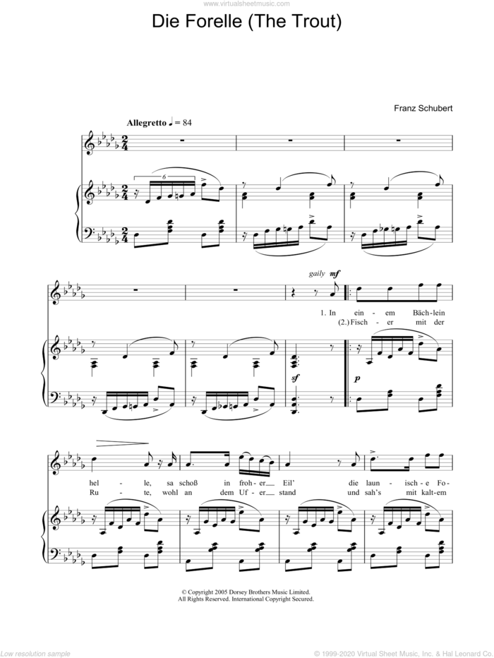 Theme From The Trout Quintet (Die Forelle) sheet music for voice, piano or guitar by Franz Schubert, classical score, intermediate skill level