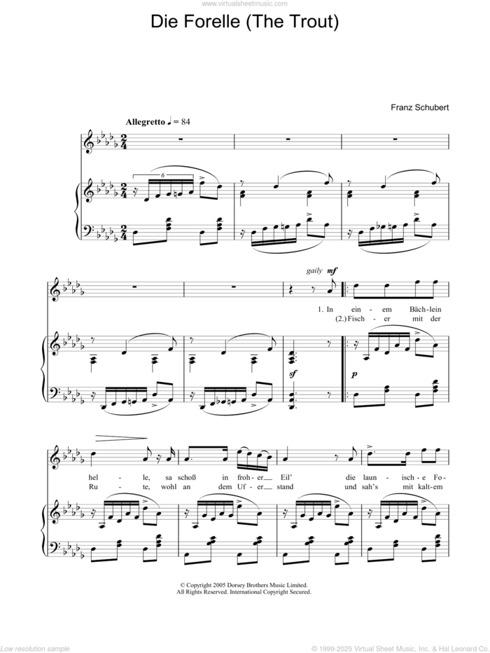 Theme From The Trout Quintet (Die Forelle) sheet music for voice, piano or guitar by Franz Schubert, classical score, intermediate skill level