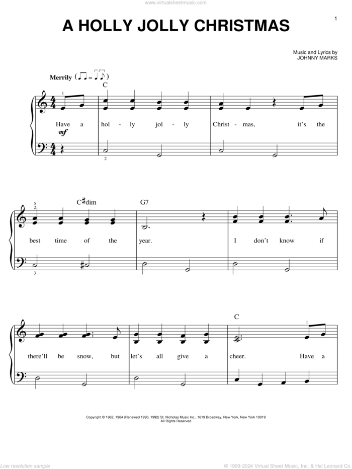 A Holly Jolly Christmas, (beginner) sheet music for piano solo by Johnny Marks, beginner skill level