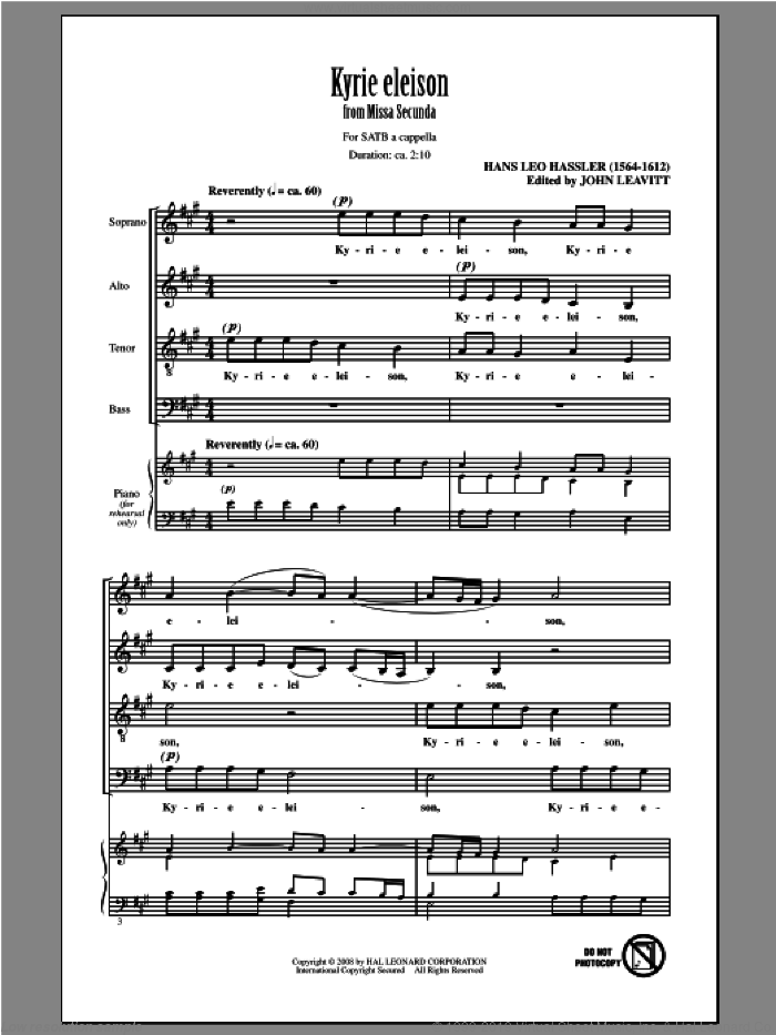 Kyrie Eleison sheet music for choir (SATB: soprano, alto, tenor, bass) by John Leavitt and Hans Leo Hassler, intermediate skill level
