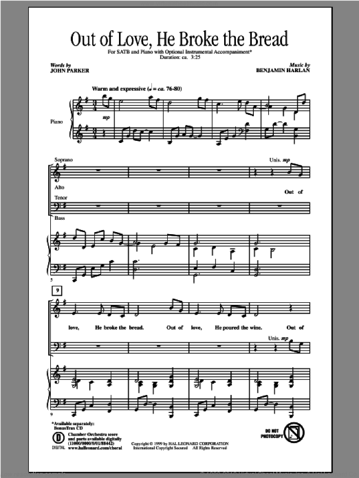Out Of Love, He Broke The Bread sheet music for choir (SATB: soprano, alto, tenor, bass) by John Parker and Benjamin Harlan, intermediate skill level