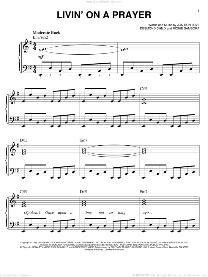 Stirre quagga Mod Livin' On A Prayer sheet music (easy) for piano solo (PDF)