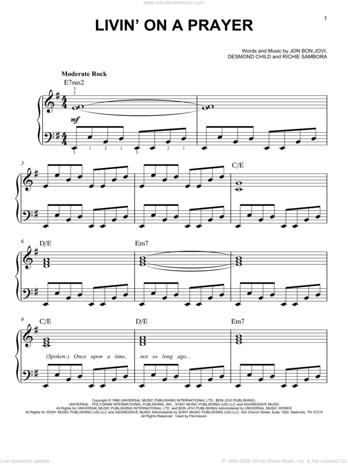 Livin' On A Prayer sheet music for piano solo by Bon Jovi, easy skill level