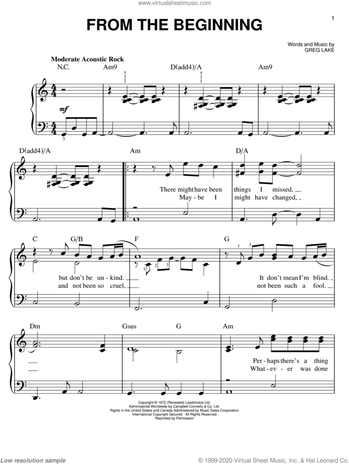 From The Beginning sheet music for piano solo by Emerson, Lake & Palmer, easy skill level