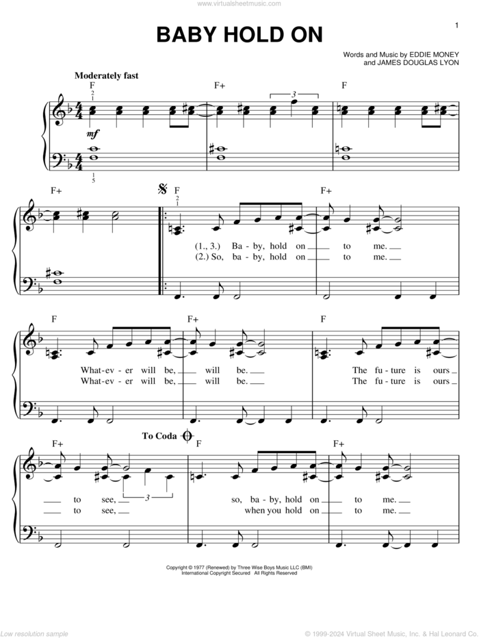 Baby Hold On sheet music for piano solo by Eddie Money, easy skill level