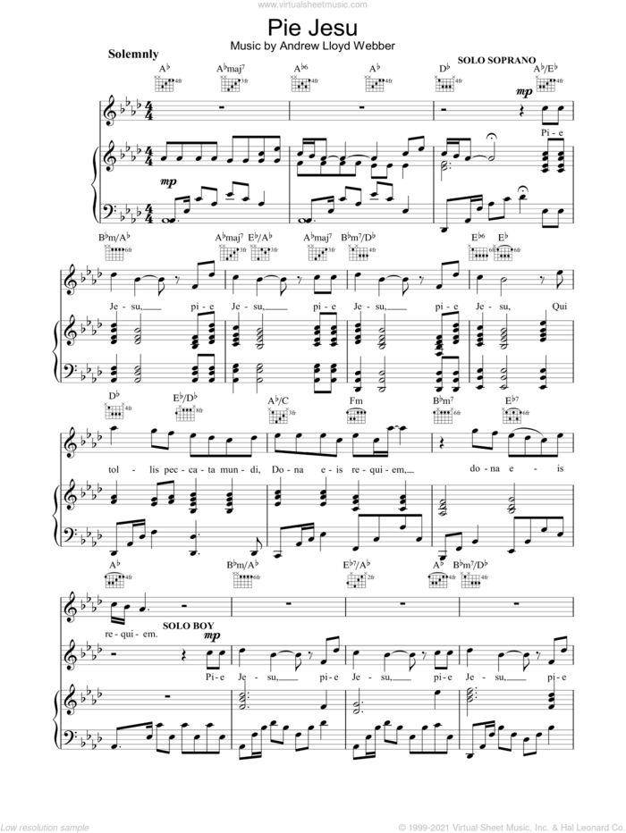 Pie Jesu sheet music for voice, piano or guitar by The Choirboys and Andrew Lloyd Webber, classical score, intermediate skill level