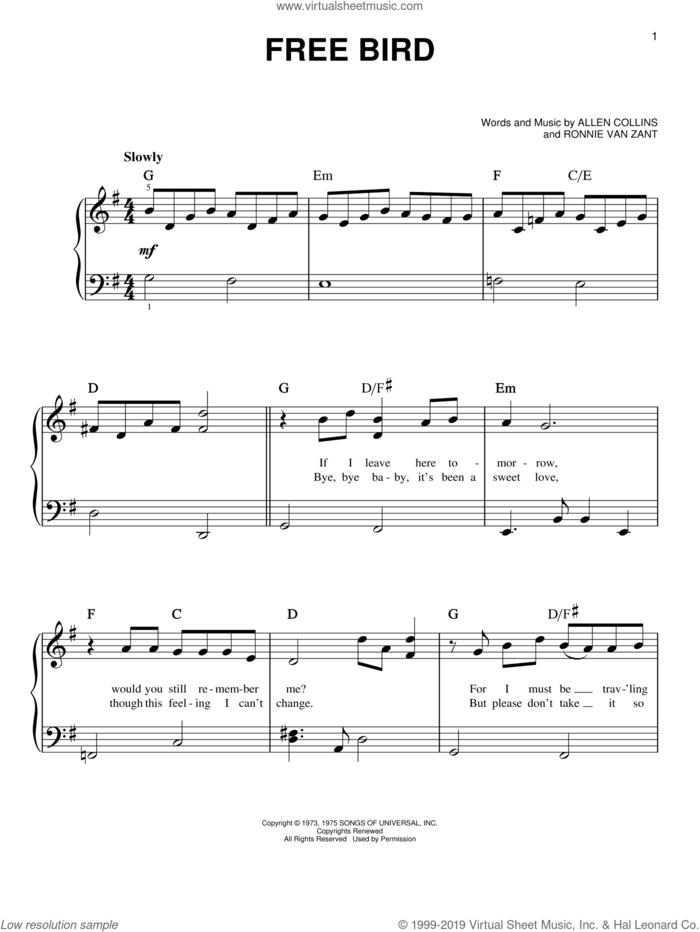 Free Bird, (beginner) sheet music for piano solo by Lynyrd Skynyrd, beginner skill level