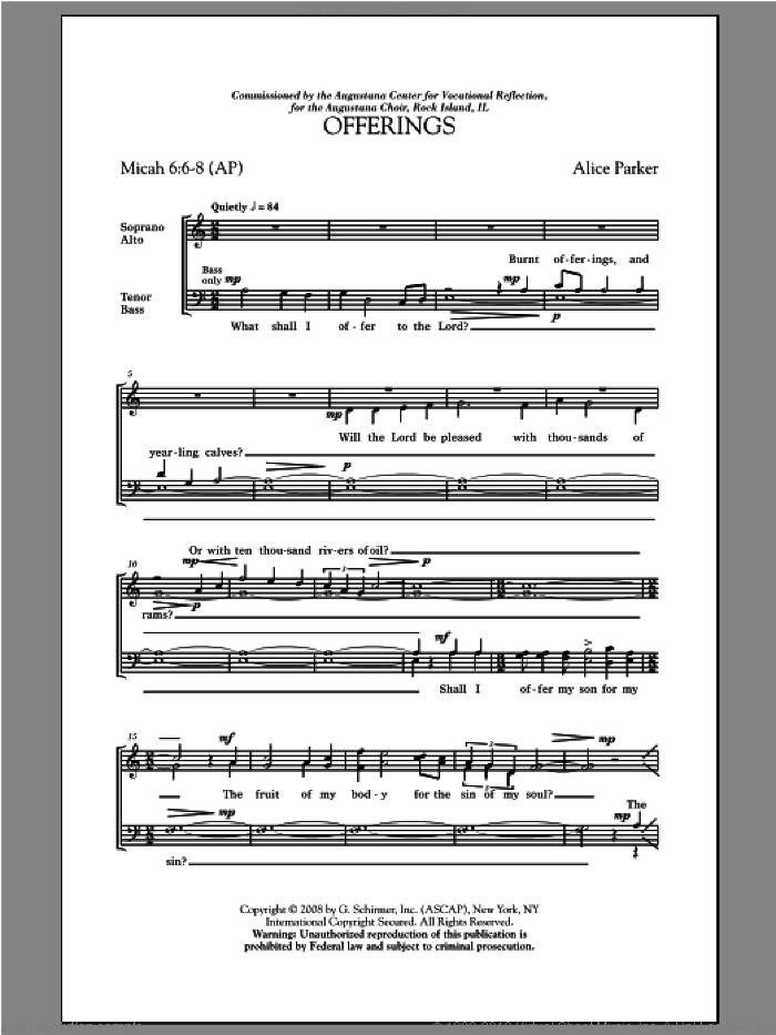 Offerings sheet music for choir (SATB: soprano, alto, tenor, bass) by Alice Parker, intermediate skill level