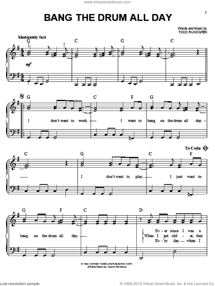 Bang The Drum All Day sheet music for piano solo by Todd Rundgren, easy skill level