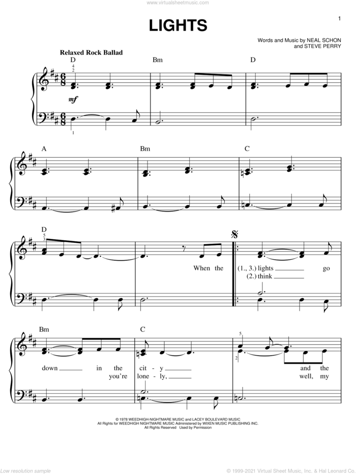 Lights sheet music for piano solo by Journey, easy skill level