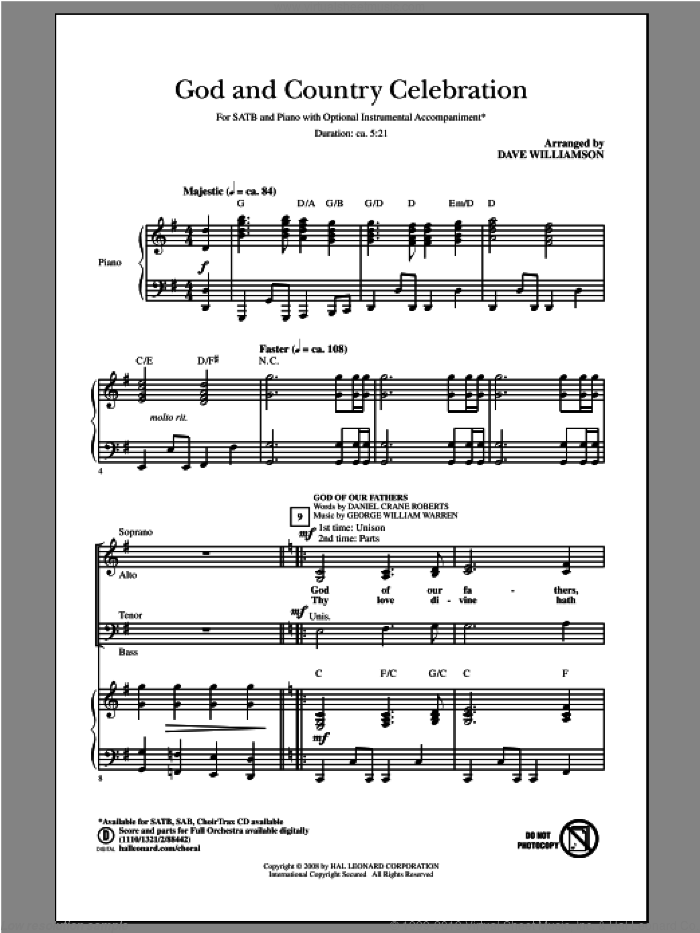 God And Country Celebration (Medley) sheet music for choir (SATB: soprano, alto, tenor, bass) by Samuel Augustus Ward, Dave Williamson and Katherine Lee Bates, intermediate skill level