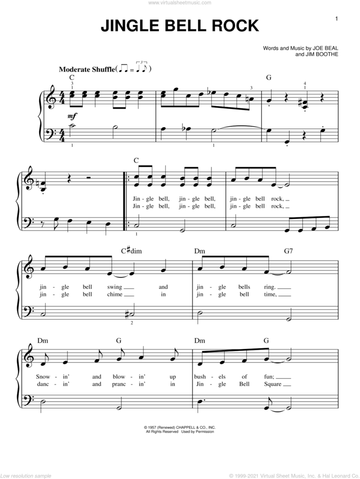 Jingle Bell Rock, (beginner) sheet music for piano solo by Bobby Helms, beginner skill level