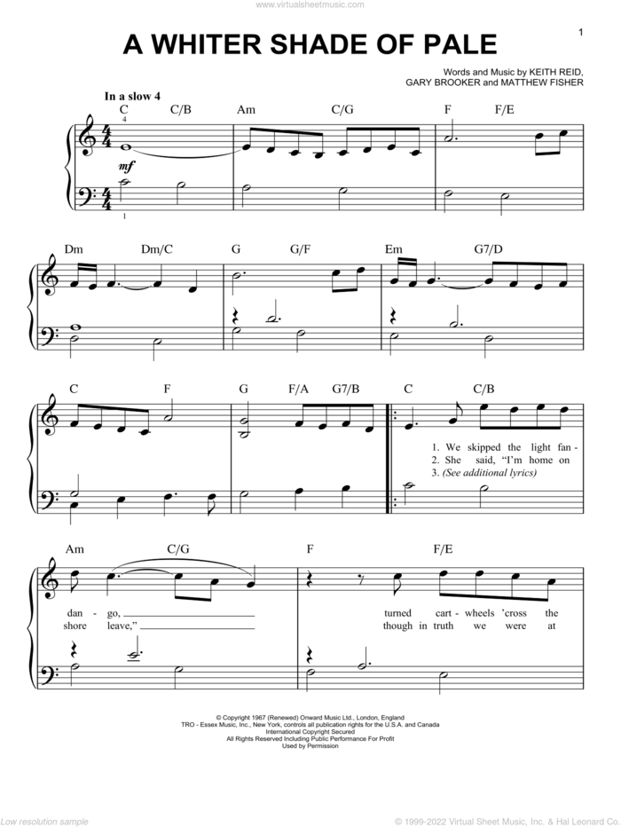 A Whiter Shade Of Pale, (beginner) sheet music for piano solo by Procol Harum, wedding score, beginner skill level