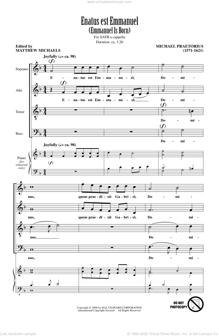 Enatus Est Emmanuel sheet music for choir (SATB: soprano, alto, tenor, bass) by Michael Praetorius and Matthew Michaels, intermediate skill level