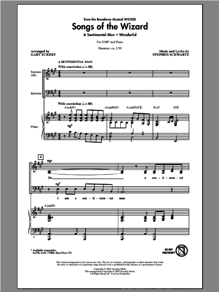Songs of the Wizard (from Wicked) sheet music for choir (SAB: soprano, alto, bass) by Stephen Schwartz and Gary Eckert, intermediate skill level