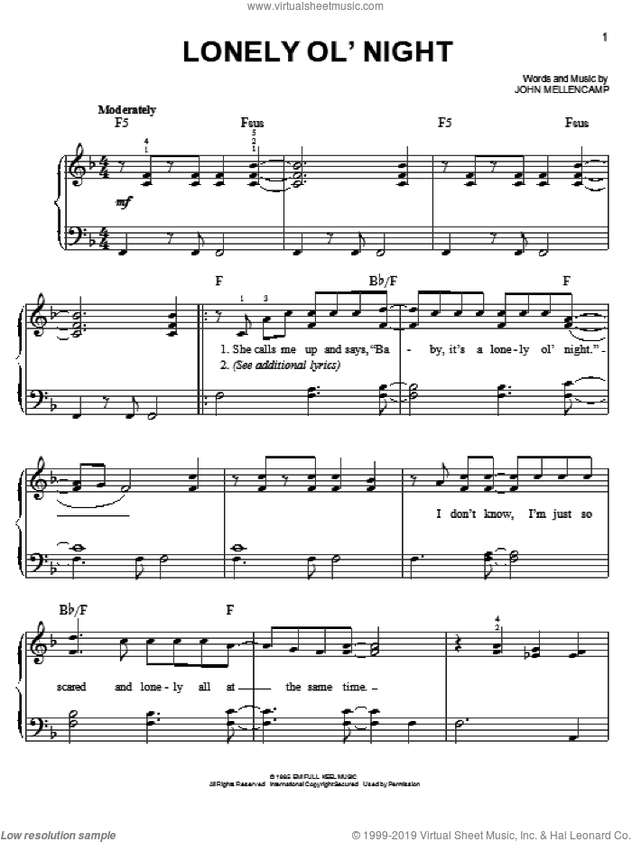 Lonely Ol' Night sheet music for piano solo by John Mellencamp, easy skill level