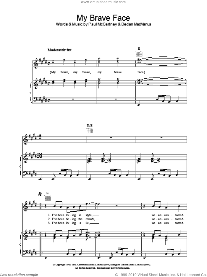 My Brave Face sheet music for voice, piano or guitar by Paul McCartney and Declan Macmanus, intermediate skill level