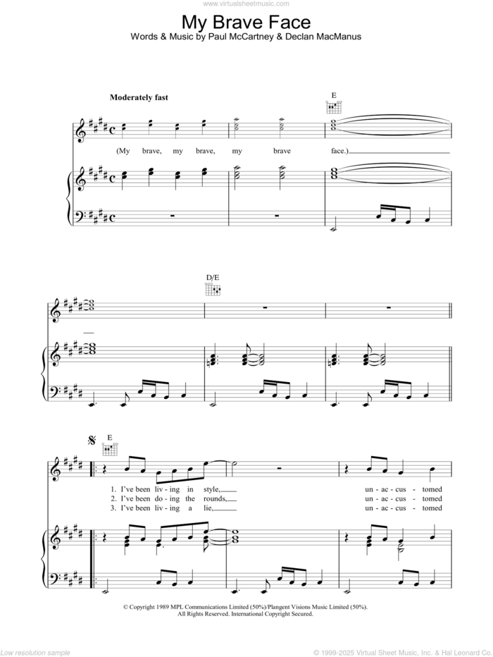 My Brave Face sheet music for voice, piano or guitar by Paul McCartney and Declan Macmanus, intermediate skill level