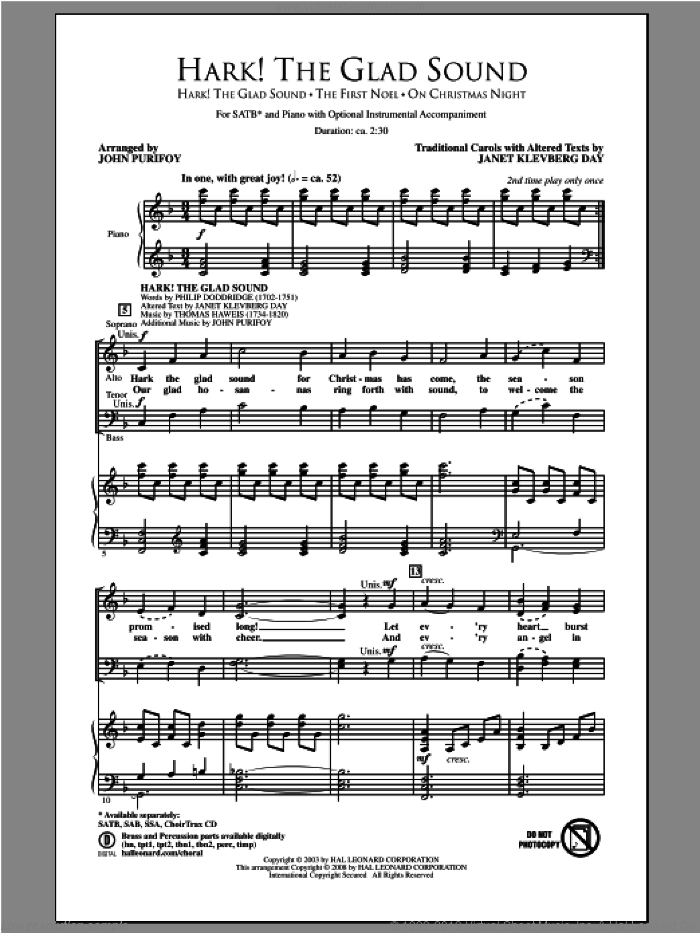 Hark! The Glad Sound (Medley) sheet music for choir (SATB: soprano, alto, tenor, bass) by John Purifoy, intermediate skill level