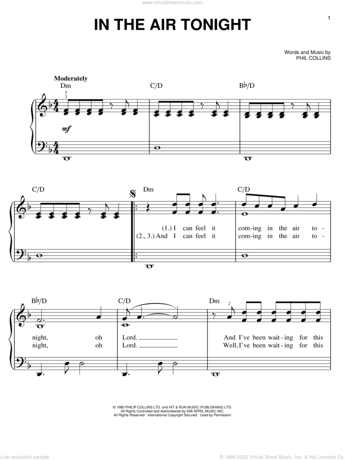 In The Air Tonight sheet music for piano solo by Phil Collins, easy skill level