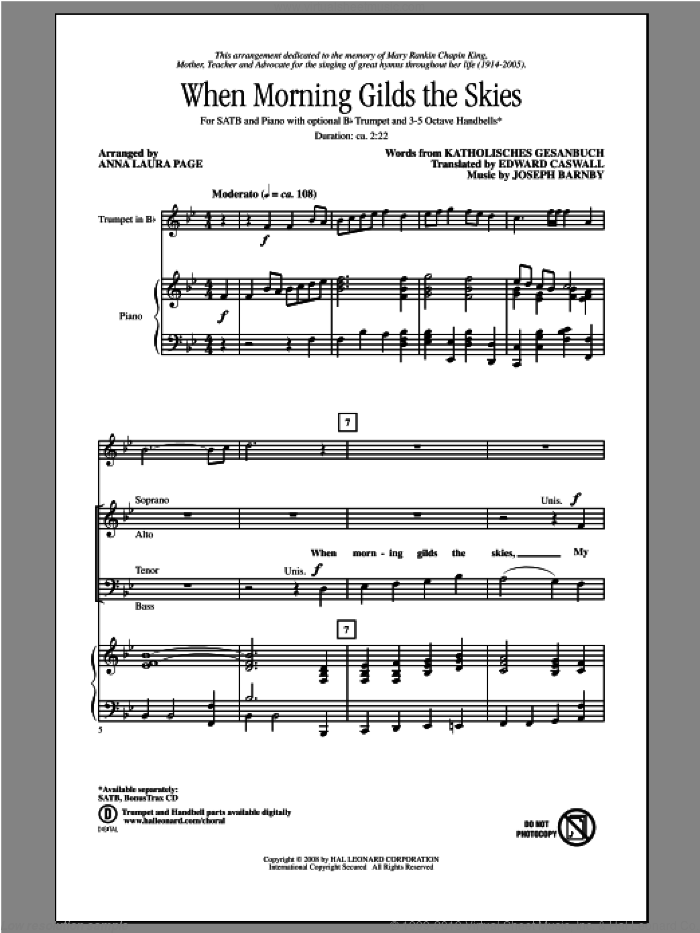 When Morning Gilds The Skies sheet music for choir (SATB: soprano, alto, tenor, bass) by Anna Laura Page, intermediate skill level