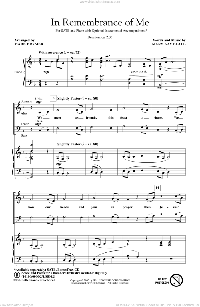 In Remembrance Of Me sheet music for choir (SATB: soprano, alto, tenor, bass) by Mark Brymer and Mary Kay Beall, intermediate skill level