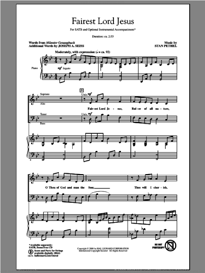 Fairest Lord Jesus sheet music for choir (SATB: soprano, alto, tenor, bass) by Stan Pethel, intermediate skill level
