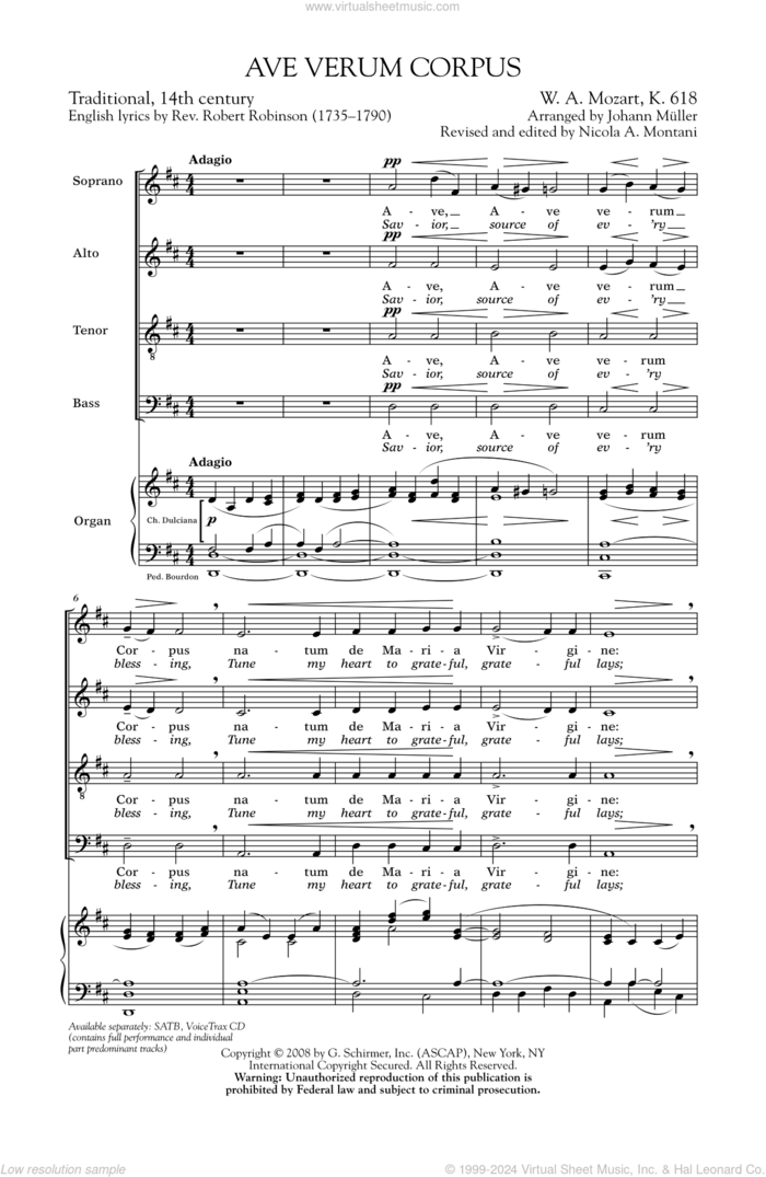 Ave Verum (Jesu, Word of God Incarnate) sheet music for choir (SATB: soprano, alto, tenor, bass) by Wolfgang Amadeus Mozart and J Muller, classical score, intermediate skill level