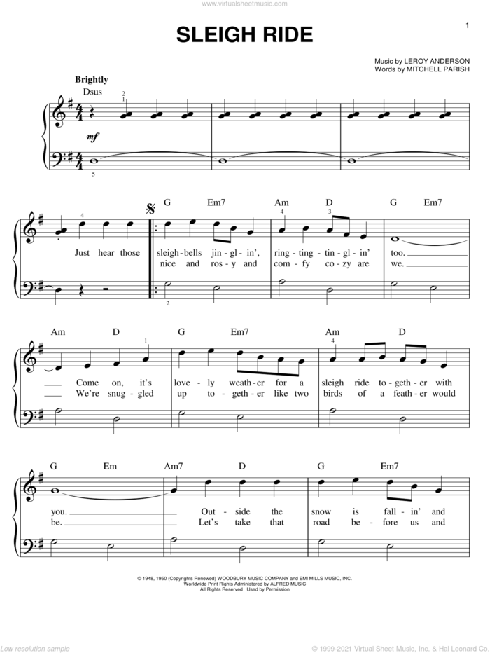 Sleigh Ride, (beginner) sheet music for piano solo by Leroy Anderson and Mitchell Parish, beginner skill level