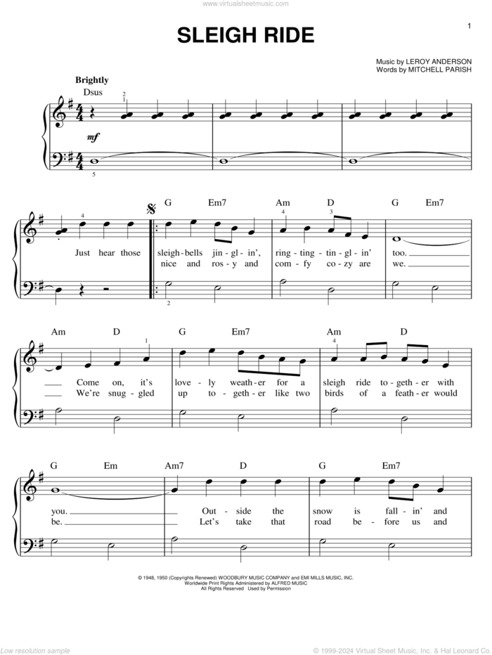 Sleigh Ride, (beginner) sheet music for piano solo by Leroy Anderson and Mitchell Parish, beginner skill level