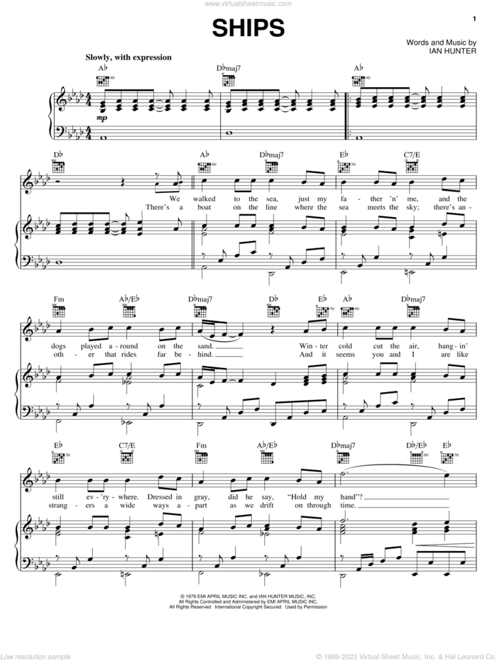 Ships sheet music for voice, piano or guitar by Barry Manilow and Ian Hunter, intermediate skill level