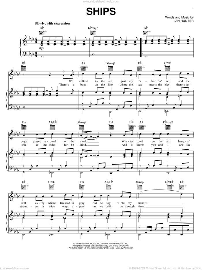 Ships sheet music for voice, piano or guitar by Barry Manilow and Ian Hunter, intermediate skill level