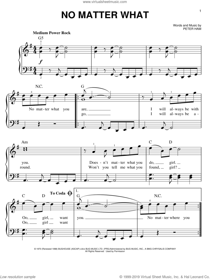 No Matter What sheet music for piano solo by Pete Ham, easy skill level