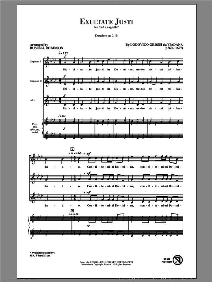 Exultate Justi sheet music for choir (SSA: soprano, alto) by Russell Robinson and Lodovico Grossi da Viadana, intermediate skill level