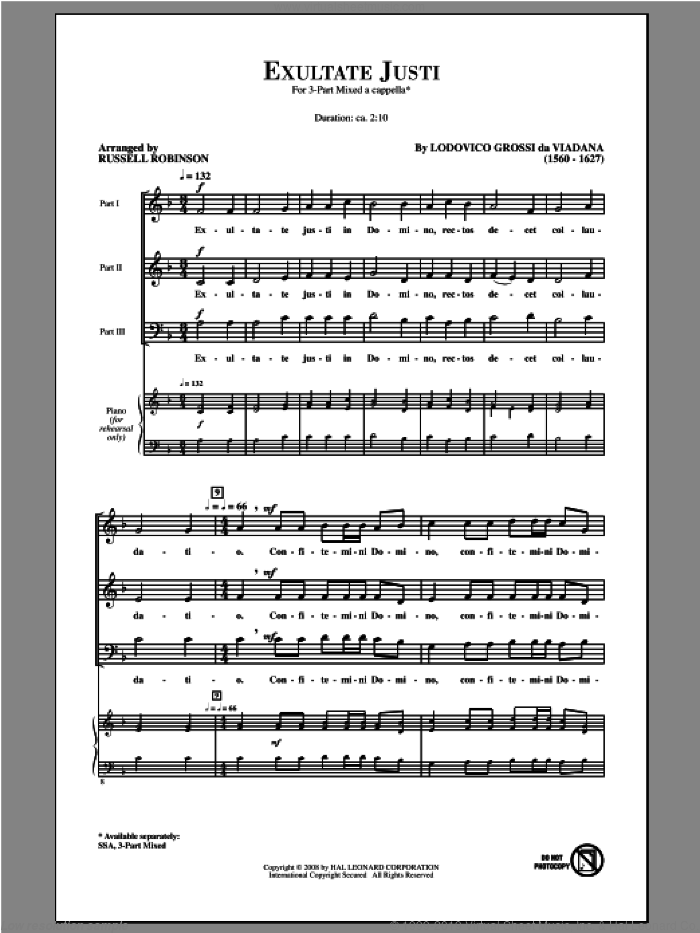 Exultate Justi sheet music for choir (3-Part Mixed) by Russell Robinson and Lodovico Grossi da Viadana, intermediate skill level