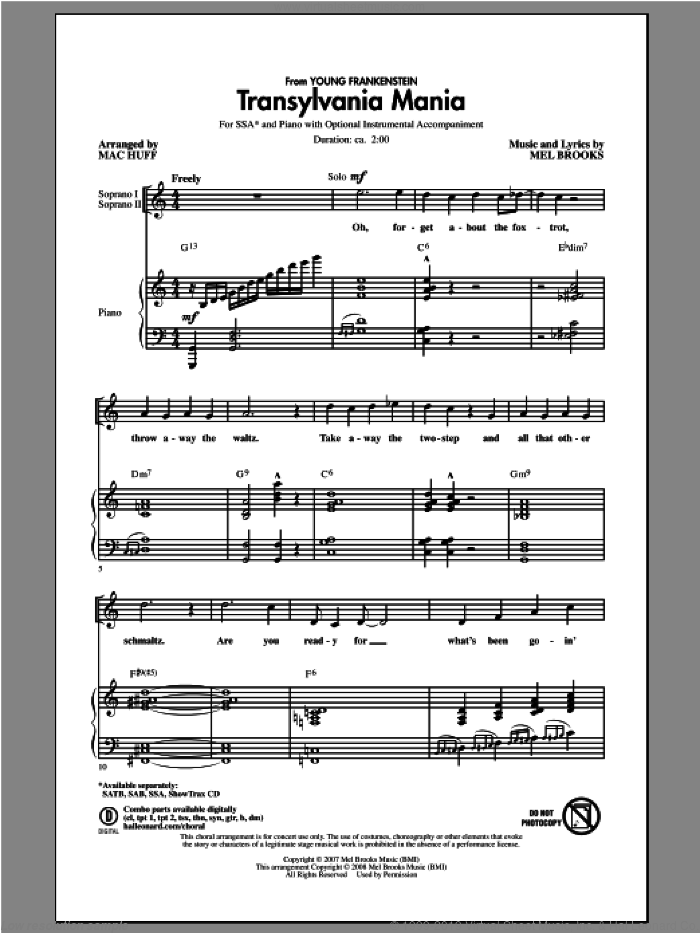 Transylvania Mania sheet music for choir (SSA: soprano, alto) by Mac Huff and Mel Brooks, intermediate skill level