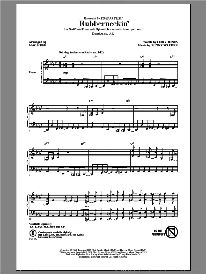 Rubberneckin' sheet music for choir (SAB: soprano, alto, bass) by Elvis Presley and Mac Huff, intermediate skill level