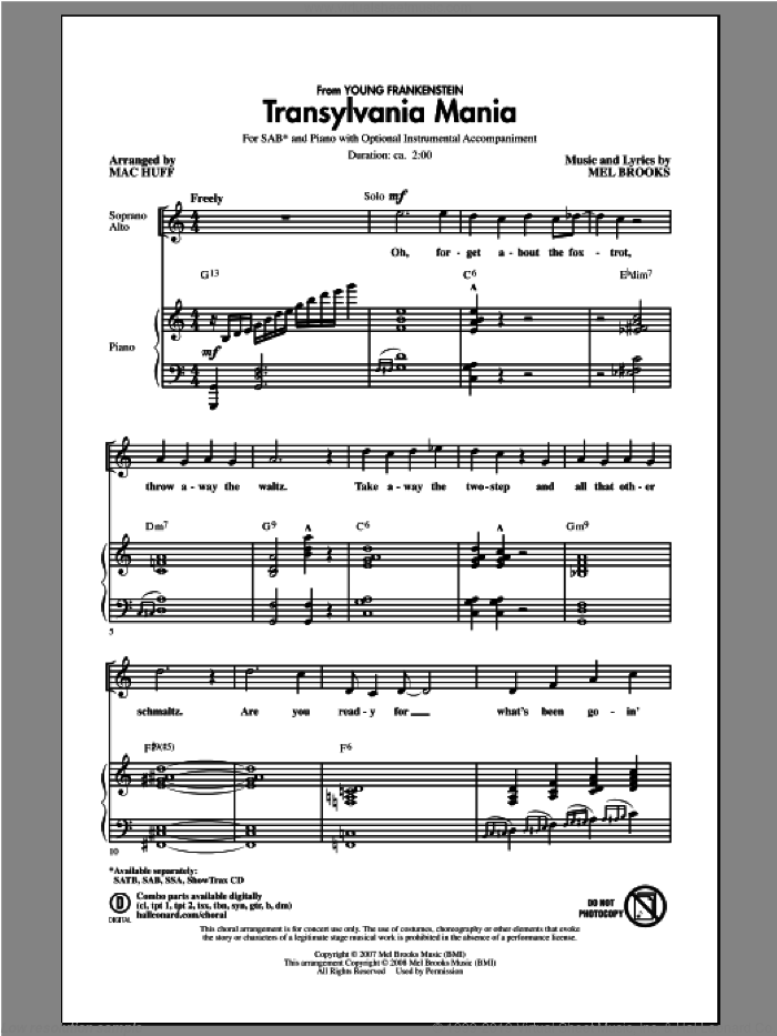 Transylvania Mania sheet music for choir (SAB: soprano, alto, bass) by Mac Huff and Mel Brooks, intermediate skill level