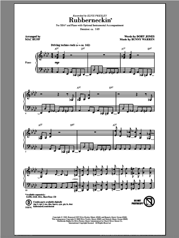 Rubberneckin' sheet music for choir (SSA: soprano, alto) by Elvis Presley and Mac Huff, intermediate skill level