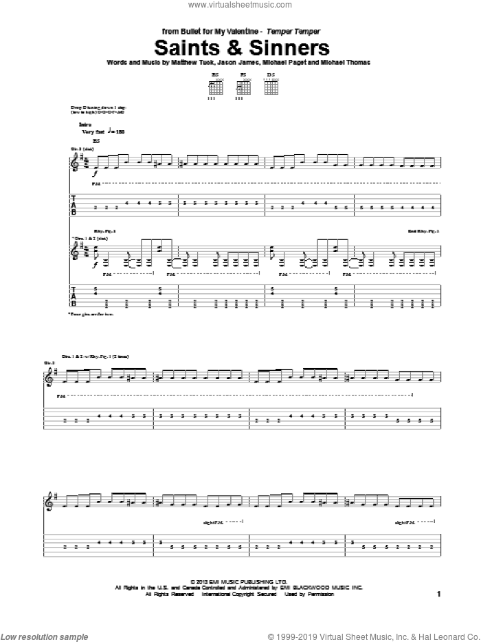 Saints and Sinners sheet music for guitar (tablature) by Bullet For My Valentine, intermediate skill level