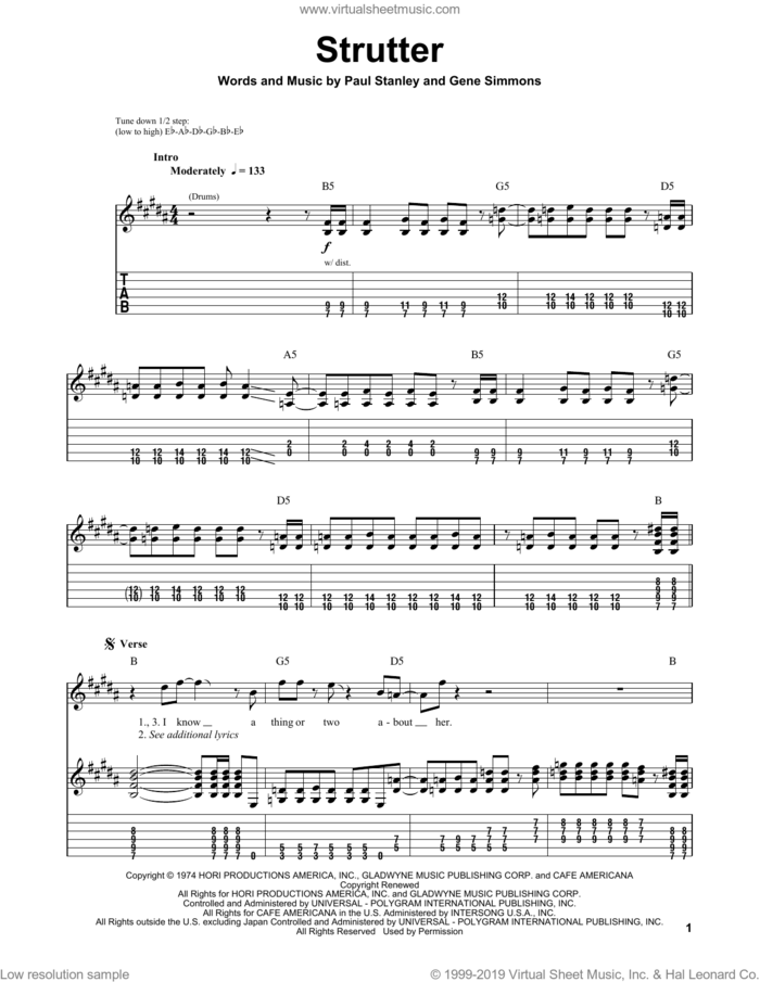Strutter sheet music for guitar (tablature, play-along) by KISS, intermediate skill level