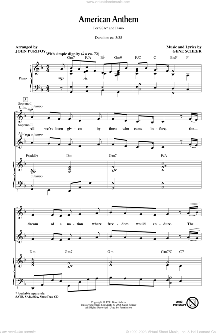 American Anthem sheet music for choir (SSA: soprano, alto) by John Purifoy and Gene Scheer, intermediate skill level