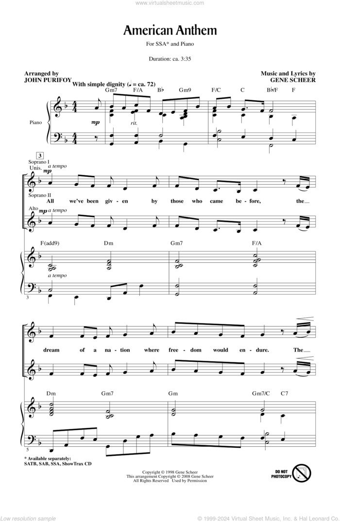 American Anthem sheet music for choir (SSA: soprano, alto) by John Purifoy and Gene Scheer, intermediate skill level