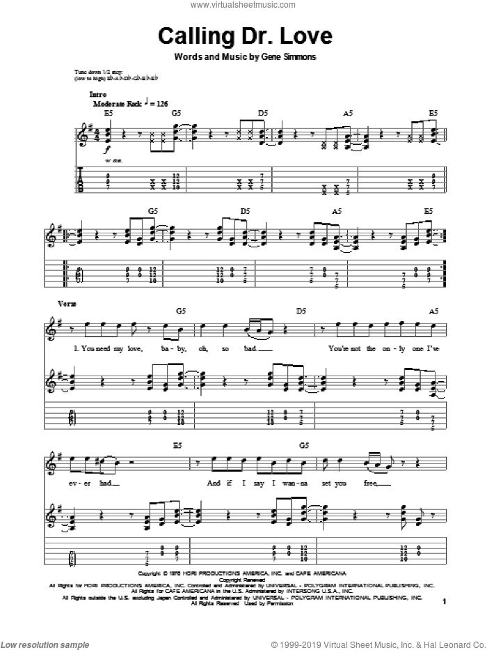 Calling Dr. Love sheet music for guitar (tablature, play-along) by KISS, intermediate skill level