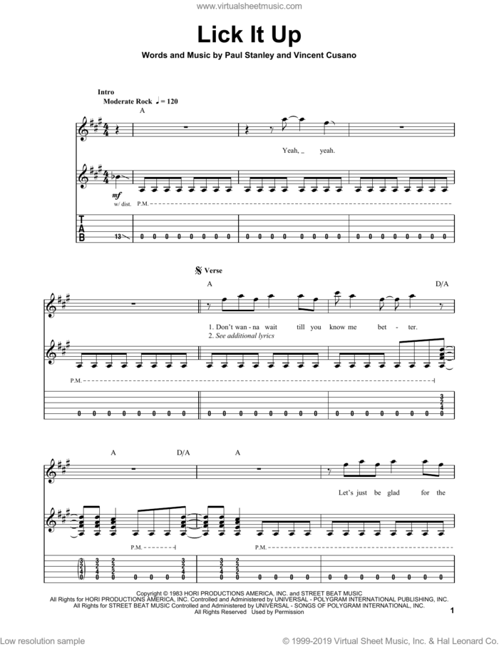 Lick It Up sheet music for guitar (tablature, play-along) by KISS, intermediate skill level