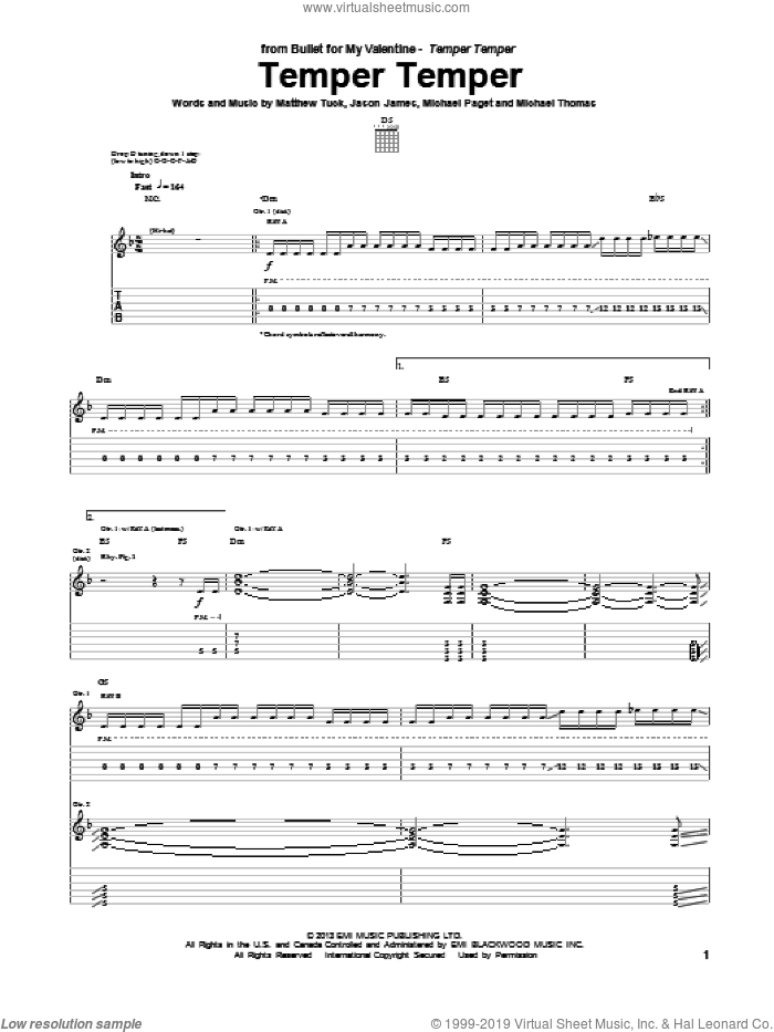 Temper Temper sheet music for guitar (tablature) by Bullet For My Valentine, intermediate skill level