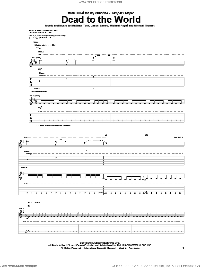 Dead To The World sheet music for guitar (tablature) by Bullet For My Valentine, intermediate skill level