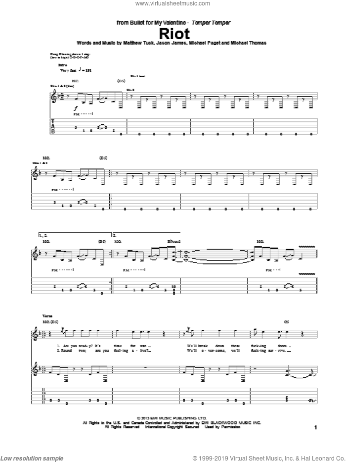 Riot sheet music for guitar (tablature) by Bullet For My Valentine, intermediate skill level