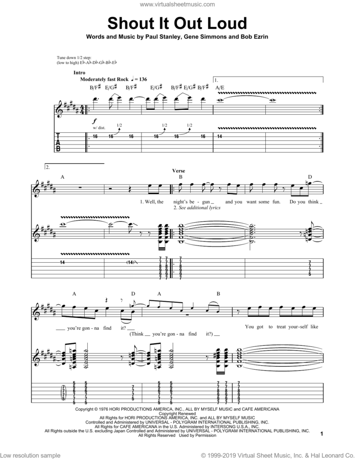 Shout It Out Loud sheet music for guitar (tablature, play-along) by KISS, intermediate skill level